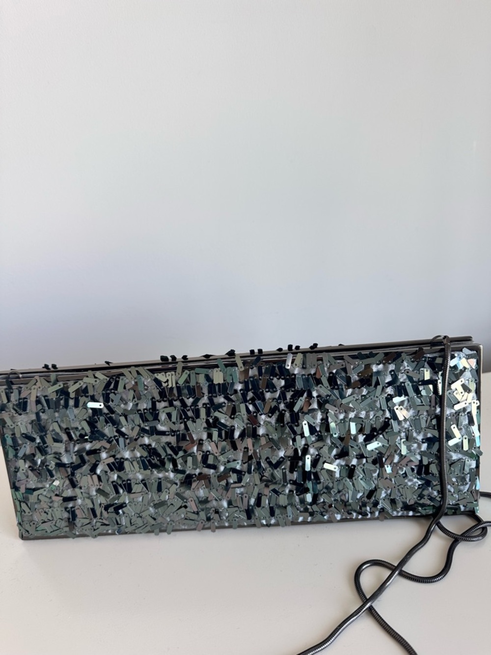 BCBGMaxAzria Silver Sequin Rectangular Evening Clutch / Crossbody Bag - Picture 7 of 12